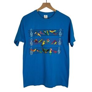 Embroidered Womens T-Shirt Musical Notes Colorful Birds Turquoise Blue Medium